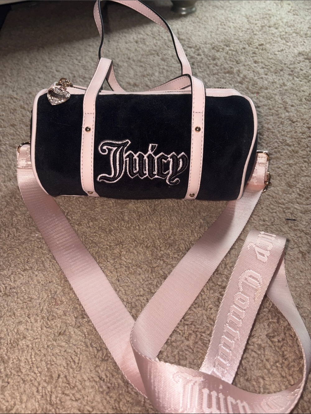 Juicy Couture Black Velvet Mini Barrel Bag with Pink Trim